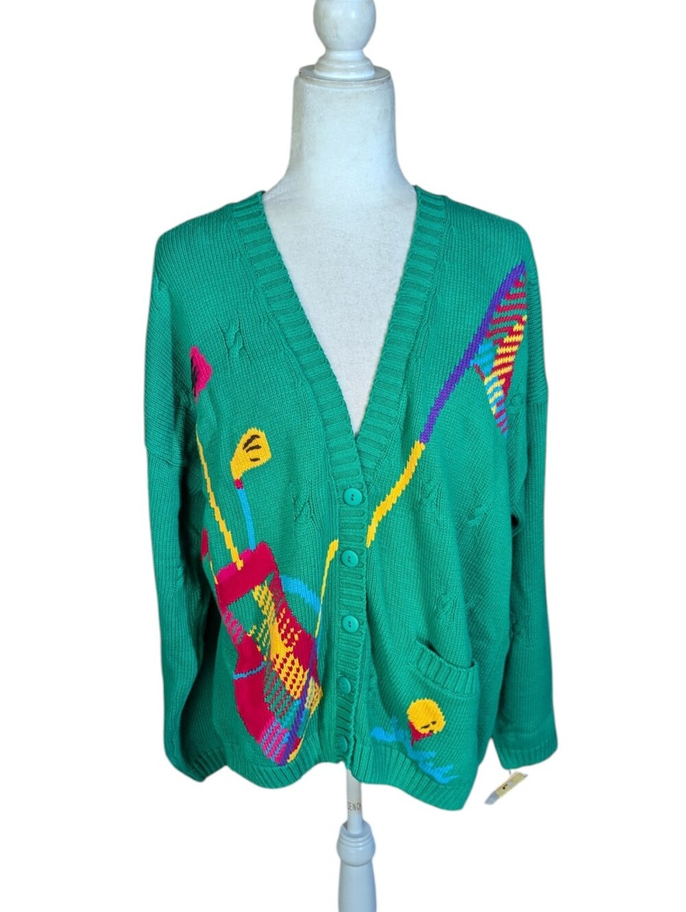 Vtg EP Pro Green Knit Novelty Cardigan Multicolor Golf "Greens Keeper" NWT Sz L